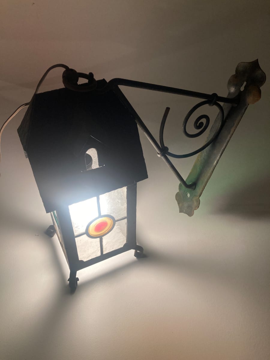 English Arts n Crafts metal lantern with iron wall bracket 