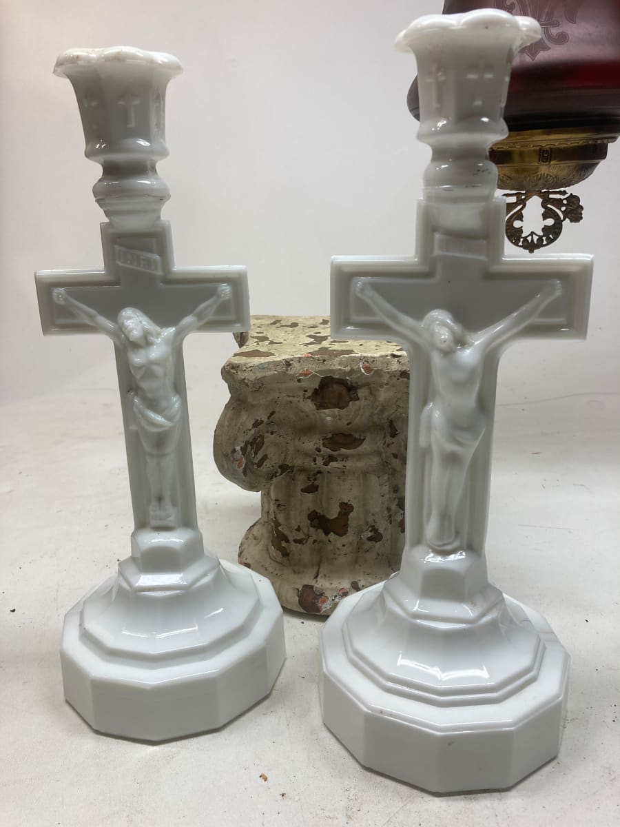 milk glass religious cross candlestick 