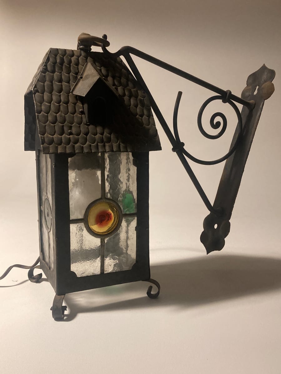 English Arts n Crafts metal lantern with iron wall bracket 