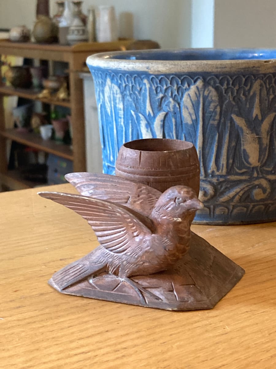 hand carved wooden bird toothpick holder 