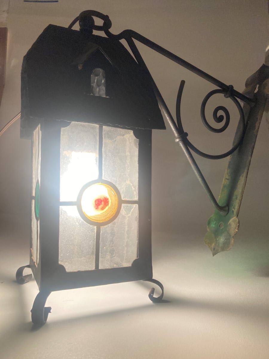 English Arts n Crafts metal lantern with iron wall bracket 