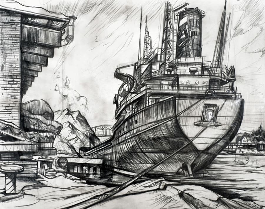 The Abaeebka,  Study by Don Gorvett  Image: A drawing of a salt freighter dock at the Granite State Minerals terminal in downtown Portsmouth, New Hampshire.