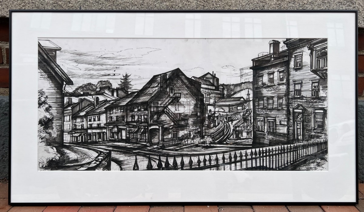 View from St. Johns Cemetery by Don Gorvett  Image: India Ink drawing of Bow Street, Portsmouth, NH.