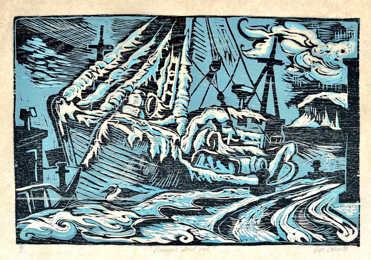 Dragger Iced Over 2/7 by Don Gorvett  Image: Dragger Iced Over, circa 1980s, as a reduction woodcut with an edition of seven. This is the only impression left in Don‘s possession. The wintery scene in Gloucester harbor is of a fishing vessel iced in with a black head gull sitting alongside the bow, suggesting that extreme conditions affect man and nature together, especially in a fishing community. 