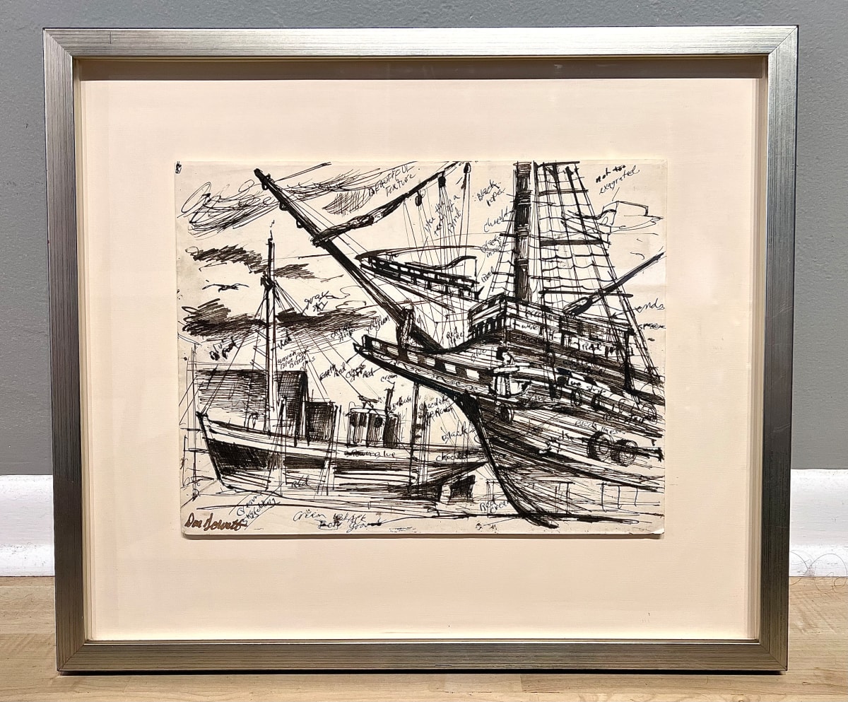 Galleon Mayflower II, Study by Don Gorvett  Image: A study for the 1996 reduction woodcut Galleon Mayflower in Drydock or “Mayflower II on the Ways.” 