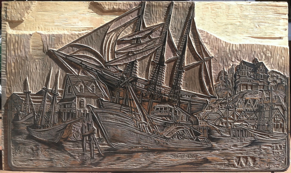 Gloucester Reveries by Don Gorvett  Image: In all reduction woodcuts, the sky and other important visual features will be carved away as the print progresses. In this woodblock, Don removed the celestial ships in two intact sections. Not shown here, the two ships have been reattached. 