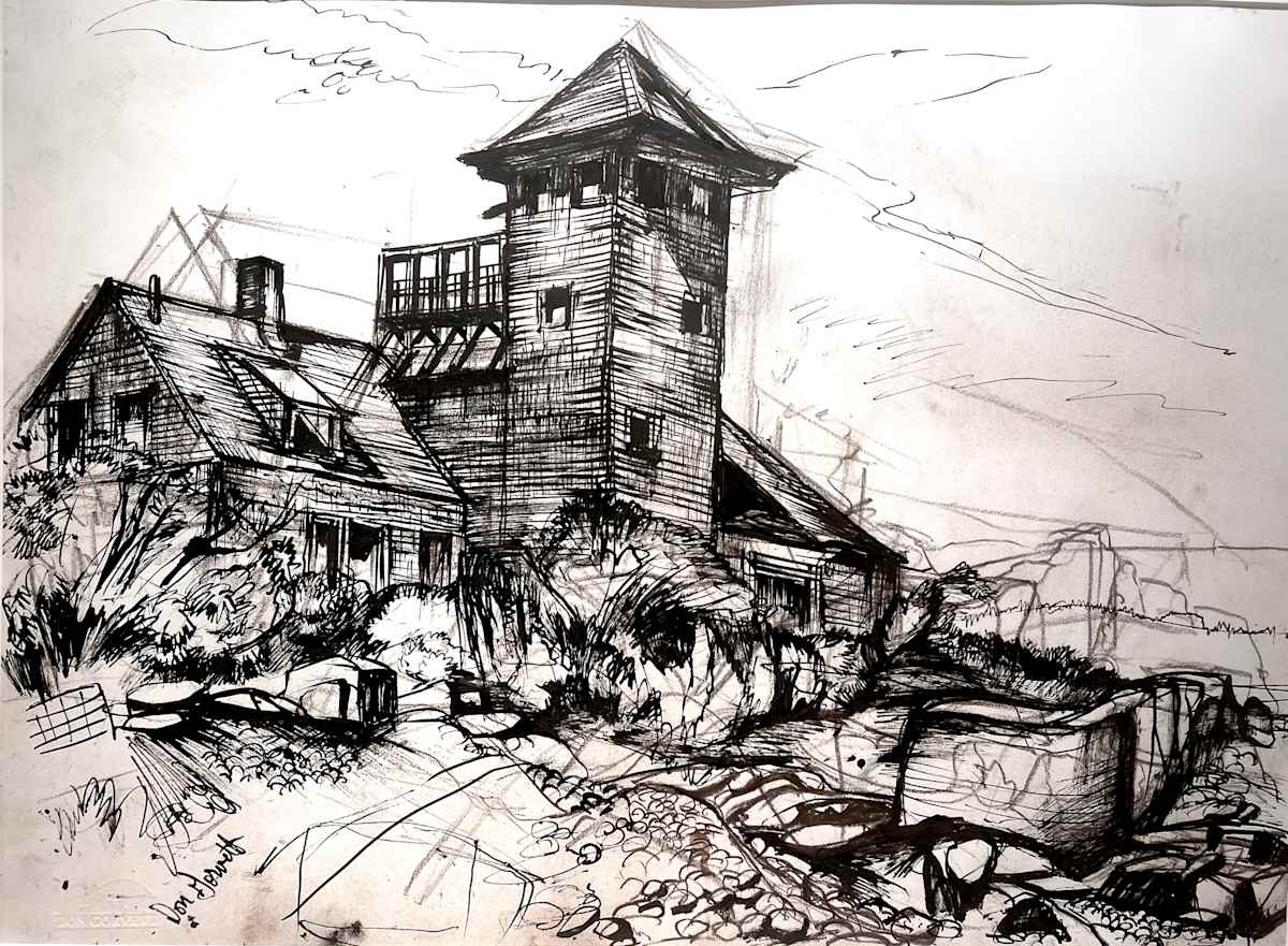 Wood Island Lifesaving Station by Don Gorvett  Image: Wood Island Station sits at the mouth of the Piscataquqa River just off Fort Foster in Kittery, Maine. In recent years, the station has undergone restoration, saving the historic building and opening it to the public. Don would often kayak out to draw the abandoned station.