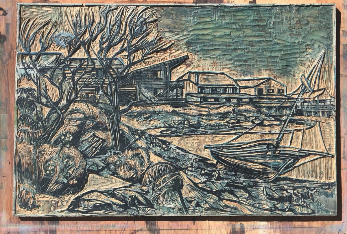 Red Sky at Night, Sailors Delight, Woodblock by Don Gorvett  Image: The reduction woodblock for 'Red Sky' is a wonderful example of cutting techniques and intermittent re-drawing required as the print progressed. As Don reminded people, his approach to the reduction woodcut processes involves draftsmanship, sculpting, and color theory with room for experimentation. Even though he has been working with the reduction process for years, he is still surprised by the intentional and unintentional color and textures that arise.