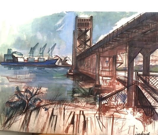 Sarah Mildred Long Bridge, Blue Freighter by Don Gorvett  Image: India ink, chalk, and watercolor.