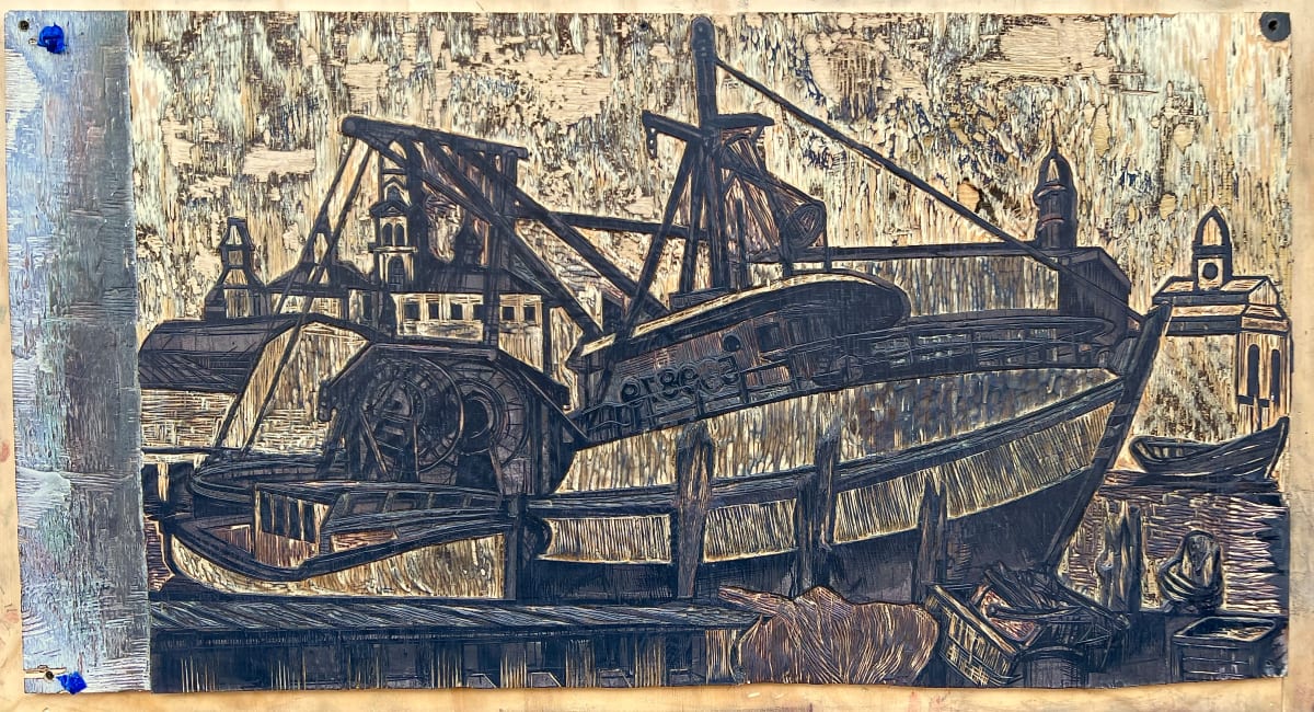 Two Friends, Woodblock by Don Gorvett  Image: The woodblock used to make the "Two Friends" reduction woodcut is vintage marine plywood sourced at the Beacon Marine Basin in 2019. The reduction woodcut made from this block, "Two Friends," has an edition of sixteen prints.
