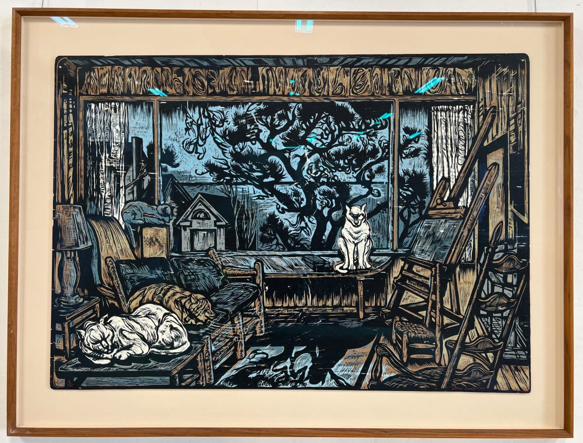 Waiting for Fritz - AP - Proof 3 by Don Gorvett  Image:  Recently framed by D. Pratt in Kittery, Maine. Reused vintage Vermont hardwood frame, woodcut mounted and floated with museum glass. 