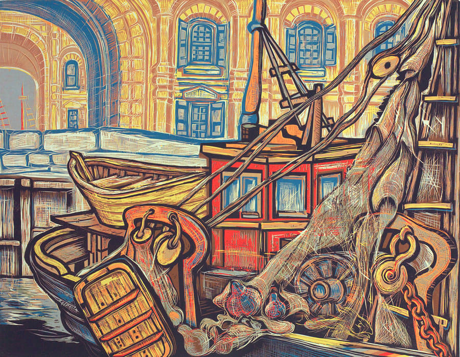 State Pier Revisited, The 11/14 by Don Gorvett  Image: A fishing trawler at the State Pier in Boston, MA. The reduction woodcut was based on an early tempera painting done by the artist in the spring of 1967. Printed at Don Gorvett's Ceres Street studio and gallery.