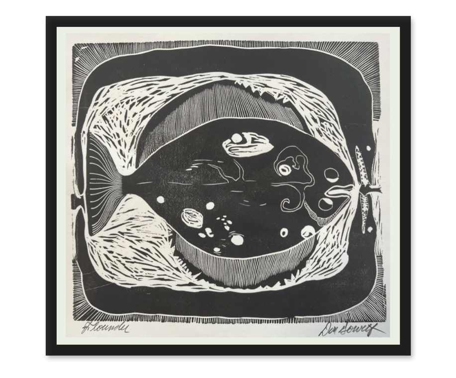 Flounder, FRAMED #15 by Don Gorvett  Image: Flounder is a linocut designed in 1967. 