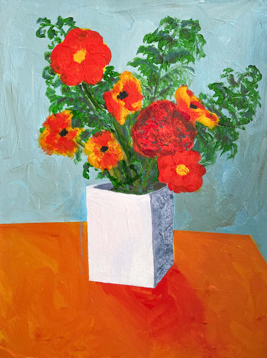 Californian Poppies, Dahlias and a Rose with Fern Fronds by Stephanie Fuller 