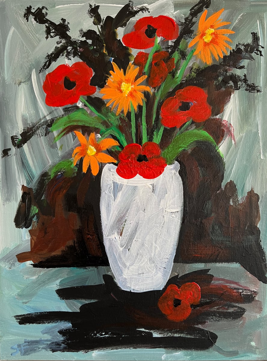 Red Poppies in a White Vase by Stephanie Fuller 