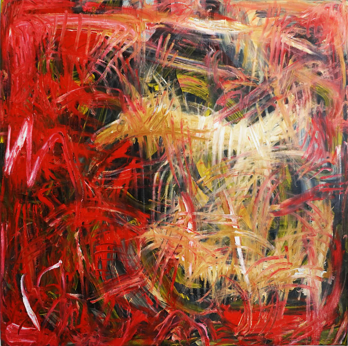 The Sublimation by Khalilah Birdsong  Image: Vibrant reds and layered textures create a visceral field where raw emotion is both contained and released. This painting grapples with the alchemical process of transforming inner conflict into something new, refined, and luminous.