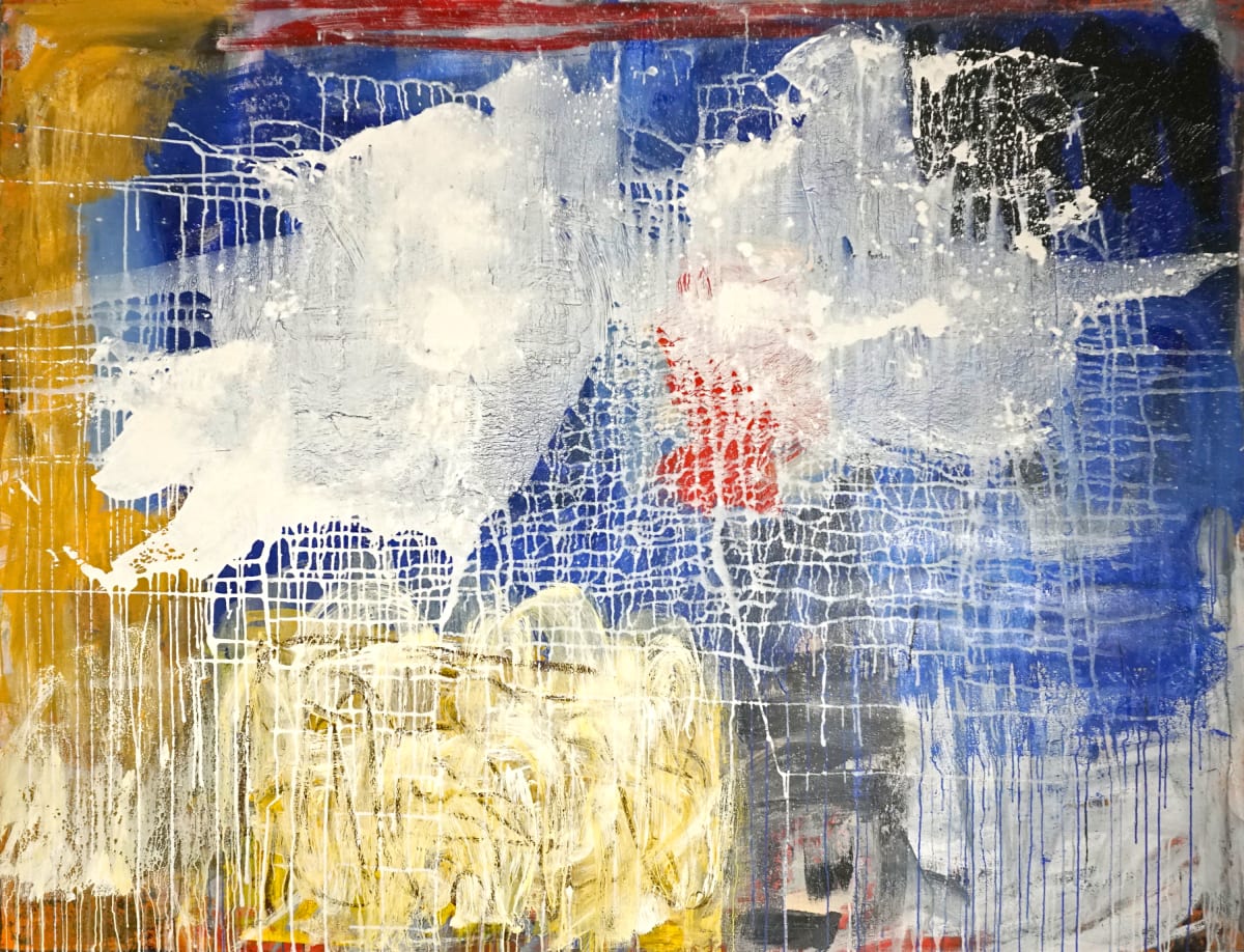 The Foreswearers II by Khalilah Birdsong  Image: A tension between erasure and emergence drives this piece. Grids and gestural overlays fragment the surface, where forms simultaneously dissolve and assert themselves. It speaks to themes of relinquishment, concealment, and truth-telling.