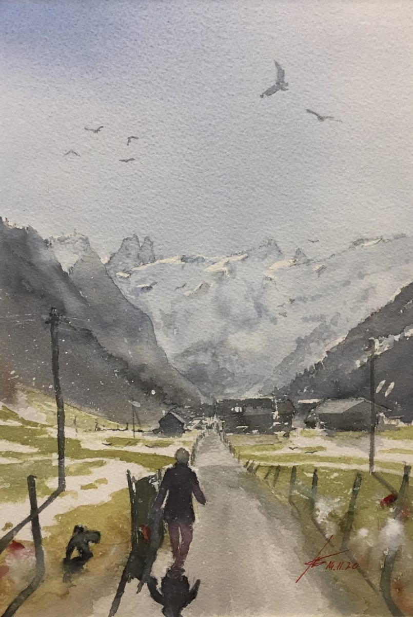 Lady walking  Dog by Ian Clements 