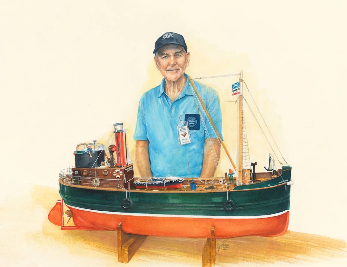 VINCENT DEE: Portrait of Gary Roberts with model Clyde Puffer by Victoria Kitanov  Image: Tasmanian  model maker, Gary Roberts, with his Clyde Puffer named for his late father, Vincent Roberts.