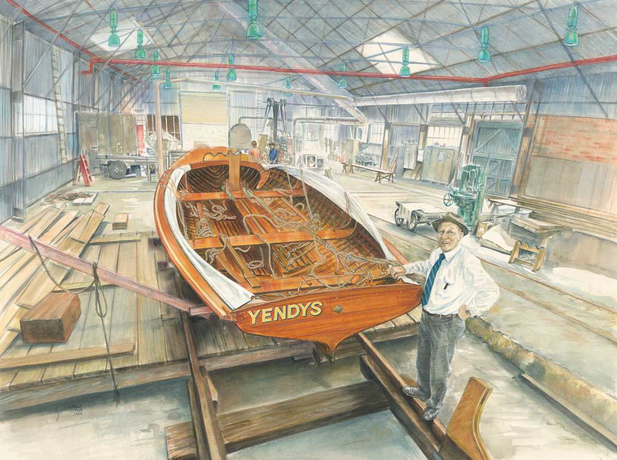 YENDYS: Portrait of George McGoogan and an historic 18-foot skiff by Victoria Kitanov  Image: 18-foot skiff YENDYS during rebuild project (c1977-1983), Cockatoo Island Dockyard, with Dockyard Superintendent, George, McGoogan.