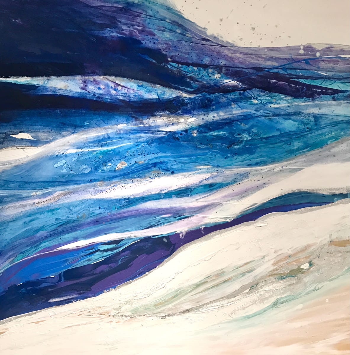 Breaker by Julia Ross  Image: The push of the waves. The whitecaps bubbling and fizzing as they disappear into the sand. Treasures of the ocean tease the shore as they are pulled back and forth by the tides. This dynamic piece encapsulates the magic of the shoreline in vivid hues of blue interspersed with cool whites and sand tones.
