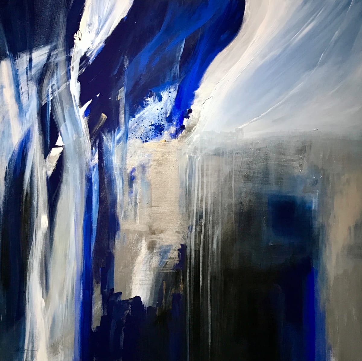 Dancing to Light by Julia Ross  Image: Part of the "Light" series, this abstract work pits bold color against soft tones of white and silver to create a memorable interplay of light and shadow.