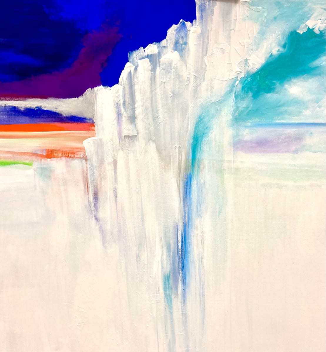Finding Joy by Julia Ross  Image: This playful piece features dark gouche purples and blues with vibrant orange accents supporting an interplay of white and teal. The magical result encourages the imagination and lifts the spirit.