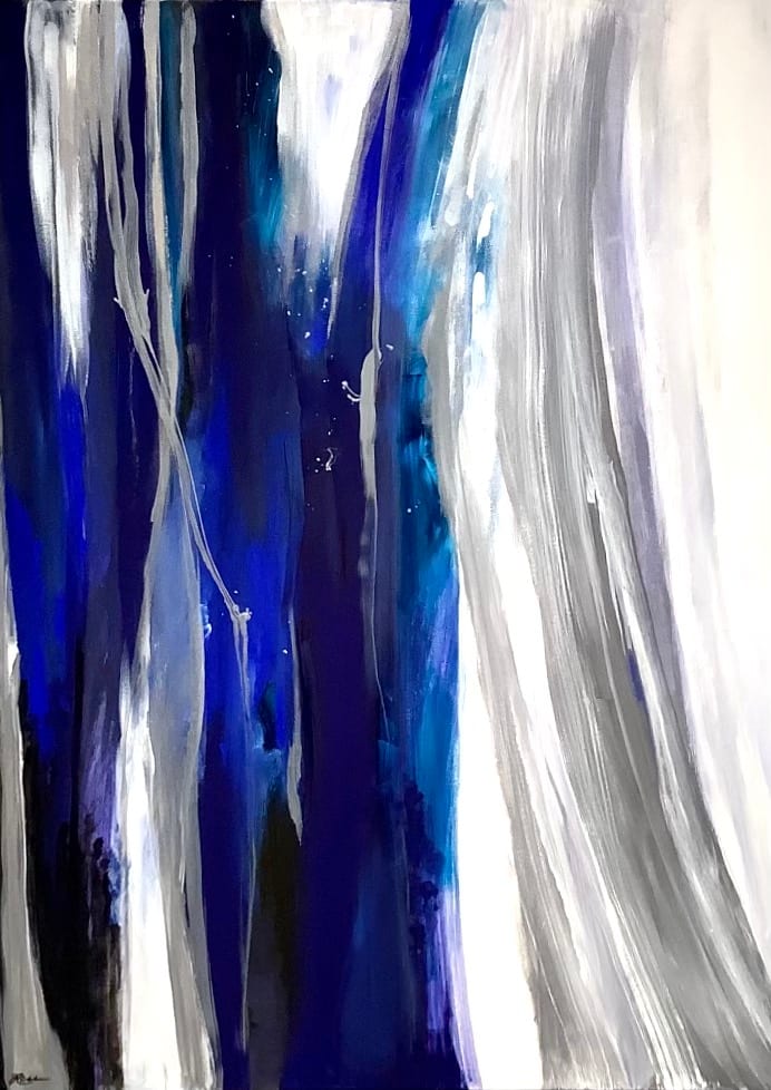 Finding the Light III by Julia Ross  Image: Streaks of white, black, and royal blue create a striking piece sure to inspire and provoke. A floating black frame accents the natural movement of the artwork.