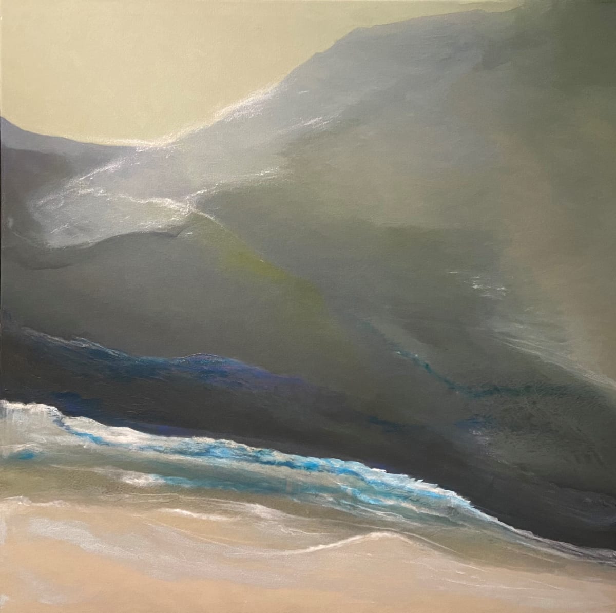 Pacific Coast View I by Julia Ross  Image: Soothing, earthy hues lend a sense of calm and steadiness to this painting even as it celebrates the perpetual movement of the ocean tides as they meet the shore. This hand-touched limited edition may also be purchased as a diptych set, and features a light wood floating frame.
