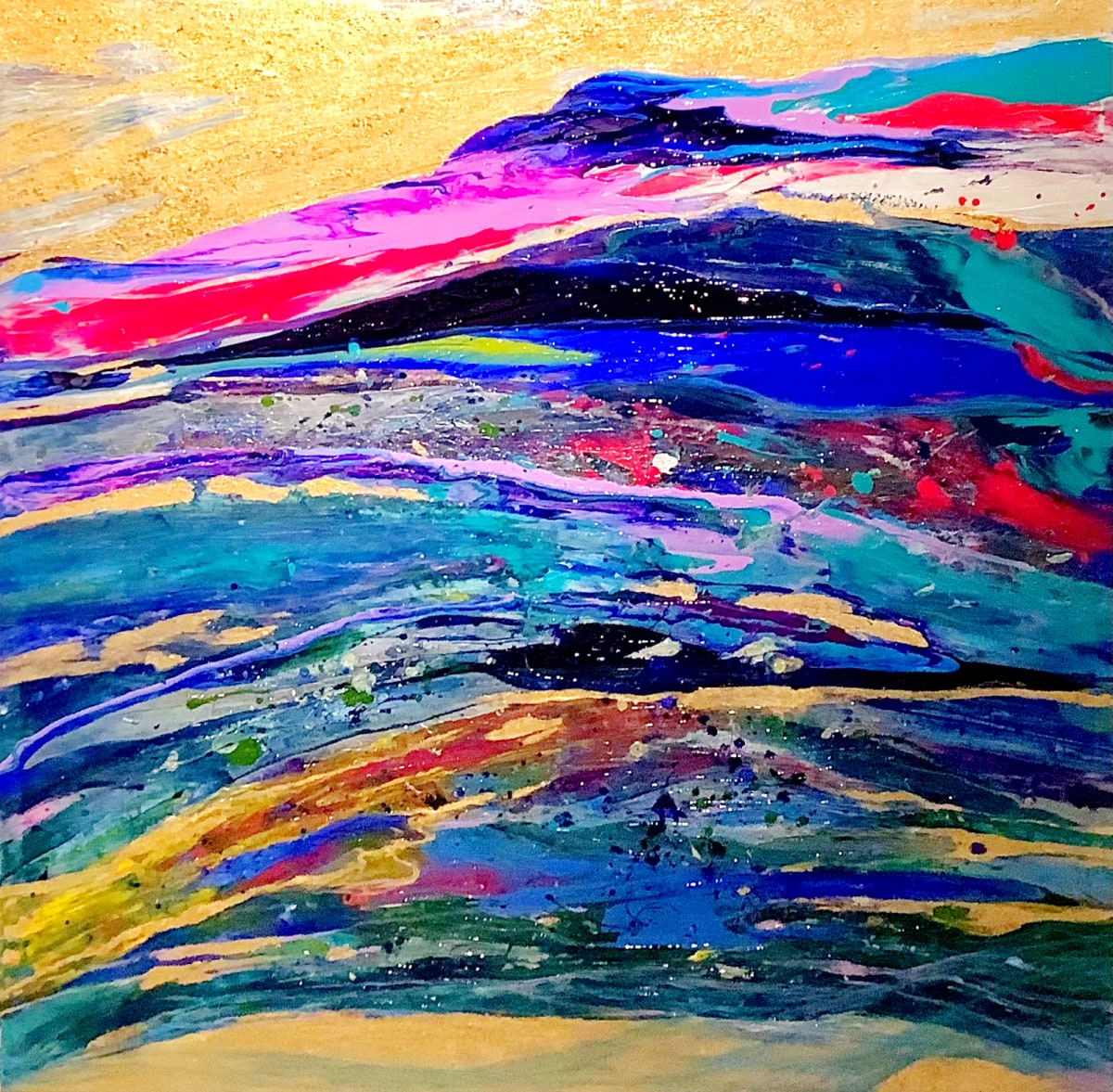 Spring Unleashed by Julia Ross  Image: This piece celebrates the turning of the seasons with an abstract explosion of color reminiscent of flowers springing from the earth. Gold leaf and resin add texture and visual interest as light plays across the canvas.