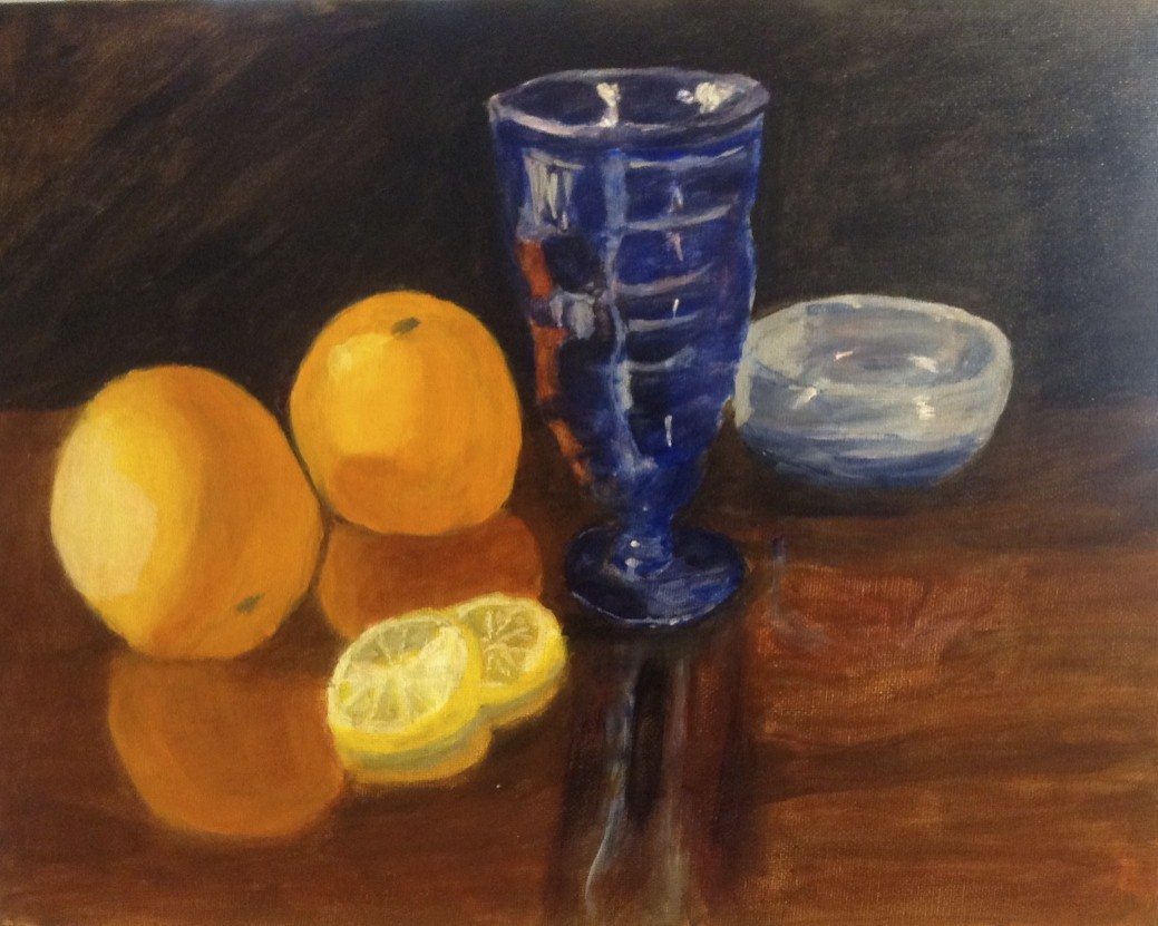 Blue glass with oranges by Louise Douglas 