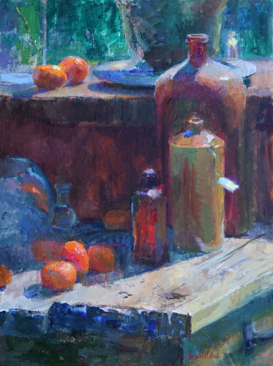 How's the View Up There? by Abigail McBride  Image: A multi level set up. Turns out I just really love painting oranges in sunlight. This was mostly inspired by two new still life objects I found antiquing. A large wooden box and that mustard yellow pot. It still had the price tag on which kept catching in the wind. I loved how it made the scene more alive with motion. So that went in. It's also a nice rung in the visual ladder pulling you up to the second level.