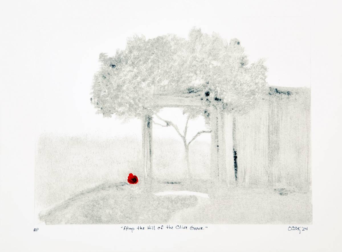 Atop The Hill Of The Olive Grove by Carolyn Kleinberger  Image: An Artist Print of a print is typically a second roll of the print on paper, giving the artist a much less sharp and paint-full image of the original print.  It is like a shadow of the original.  Sometimes, though, this second print feels more powerful than the first print because of the lighter or missing paint in the image.

