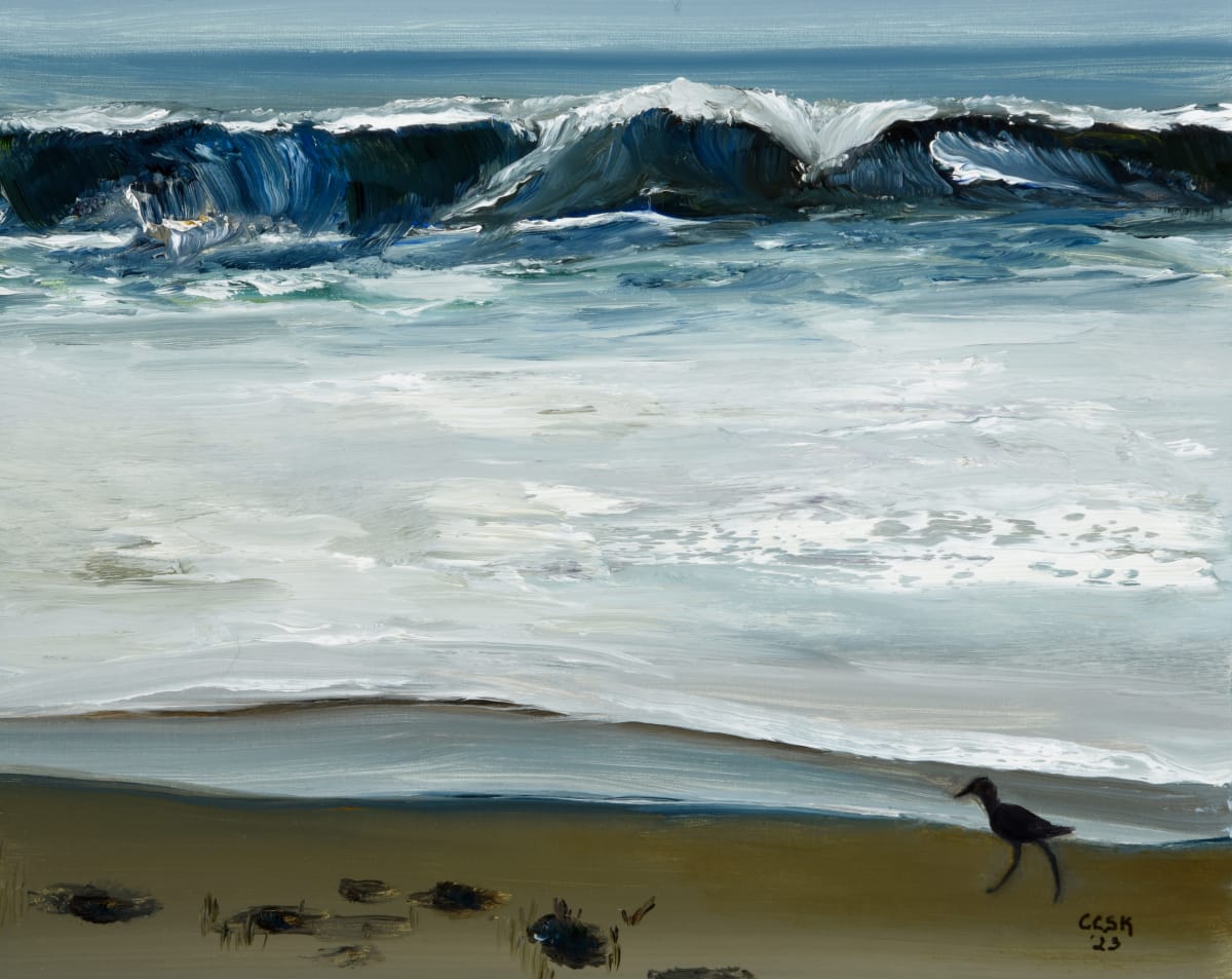 Walk Along The Beach in Playa del Rey by Carolyn Kleinberger  Image: I lived in Playa del Rey , CA for several months in an Airbnb close to "Toes Beach".  The weather was beautiful and we walked each day.  I loved watching the waves roll in, foaming and crashing on the sand.  I painted this small scene from one of my many walks on that beach, sharing the scene with a sandpiper.

