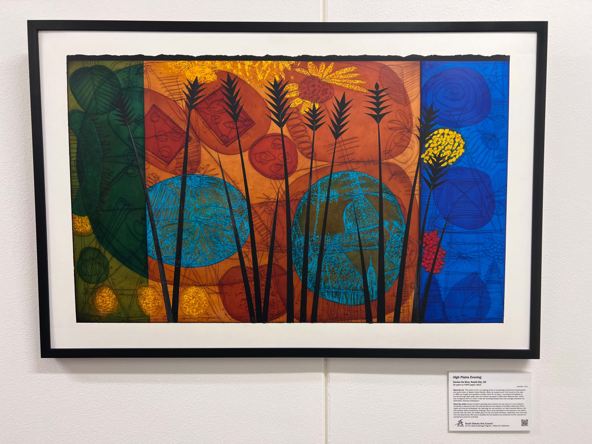 High Plains Evening by Denise Du Broy  Image: “This piece is from my ongoing series of oil paintings inspired by the grasslands
and prairie skies of western South Dakota. When my husband and I first moved to this state in 1993, we bought and operated a buffalo ranch for 14 years. I connected immediately to the land through daily walks near the northern boundary of Wind Cave National Park, which was contiguous with our ranch. It was this ranching lifestyle that most strongly influenced my abstracted, visionary landscapes.”