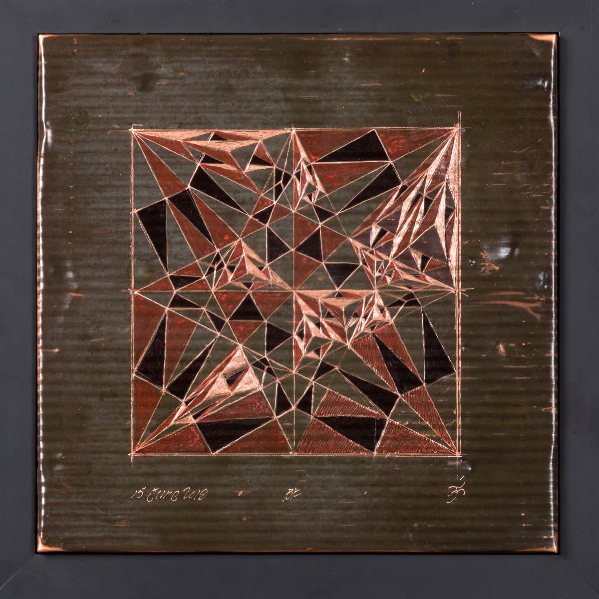 Lay of the Land by Bill Fleming  Image: “The design is engraved into and drawn on copper sheets salvaged from the dome of the South Dakota State Capitol Building after a storm. The viewer might well sense a variety of natural and man-made landforms, compass directions, maps, or other ideas both physical and metaphysical as they arise from each viewer’s unique psyche.”