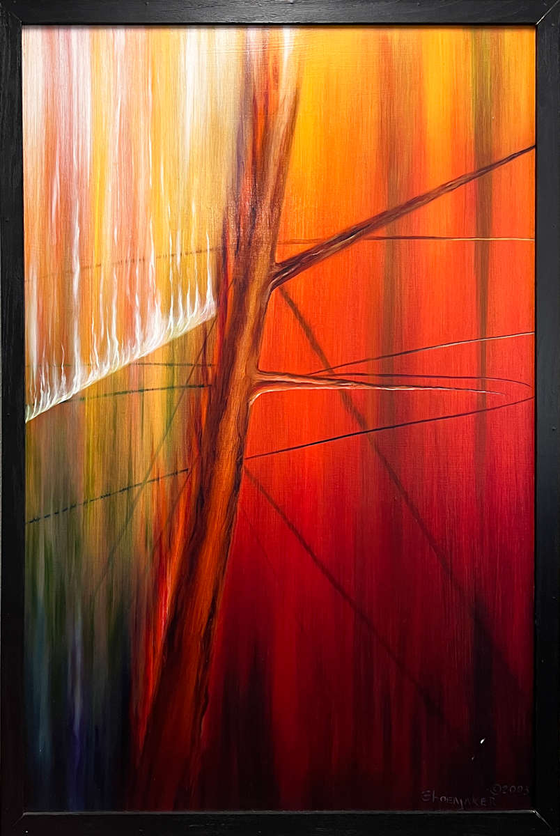 Fences and Wires by Lisa Shoemaker  Image: “Initially, this piece was inspired by a communications tower and guide wires that support the tower against winds. But over the course of my early sketch trips through western South Dakota, it progressed into a painting about fences and wires. Traveling through the open spaces of western South Dakota, I became acutely aware of fence structures. They define ownership, keep animals in or out, contain spaciousness in neat little grids, direct human travel. These structures lack the curves and grace of nature’s formations; they represent the rigid, structured style of modern society. They represent our need to contain and control.”