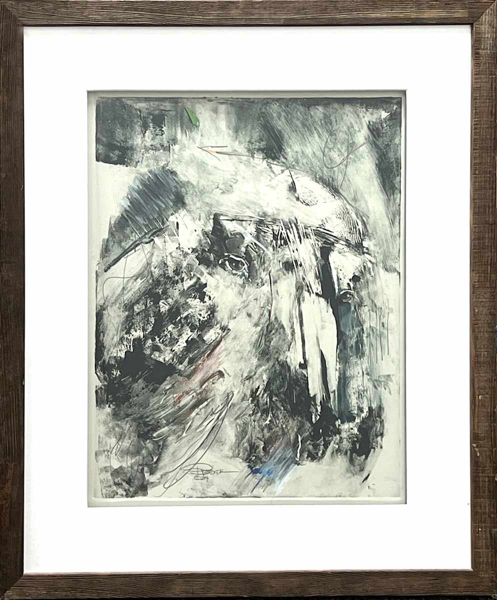 Presence of a Hero by Roger Broer  Image: "What I hope to capture with my hand burnished monotype is raw energy in the form of emotion, to show you how I feel, how my subject translates that state. These emotions are available to me culminating from a deep sense of spiritual awareness and tribal connectiveness. Titles on my works are meant to serve as a clue to what the work is about. The intent is to allow the viewer to set about arriving at their own personal sense of truth. This is a means of personalizing the work. Once a dream is shared, it no longer is owned by the dreamer."
