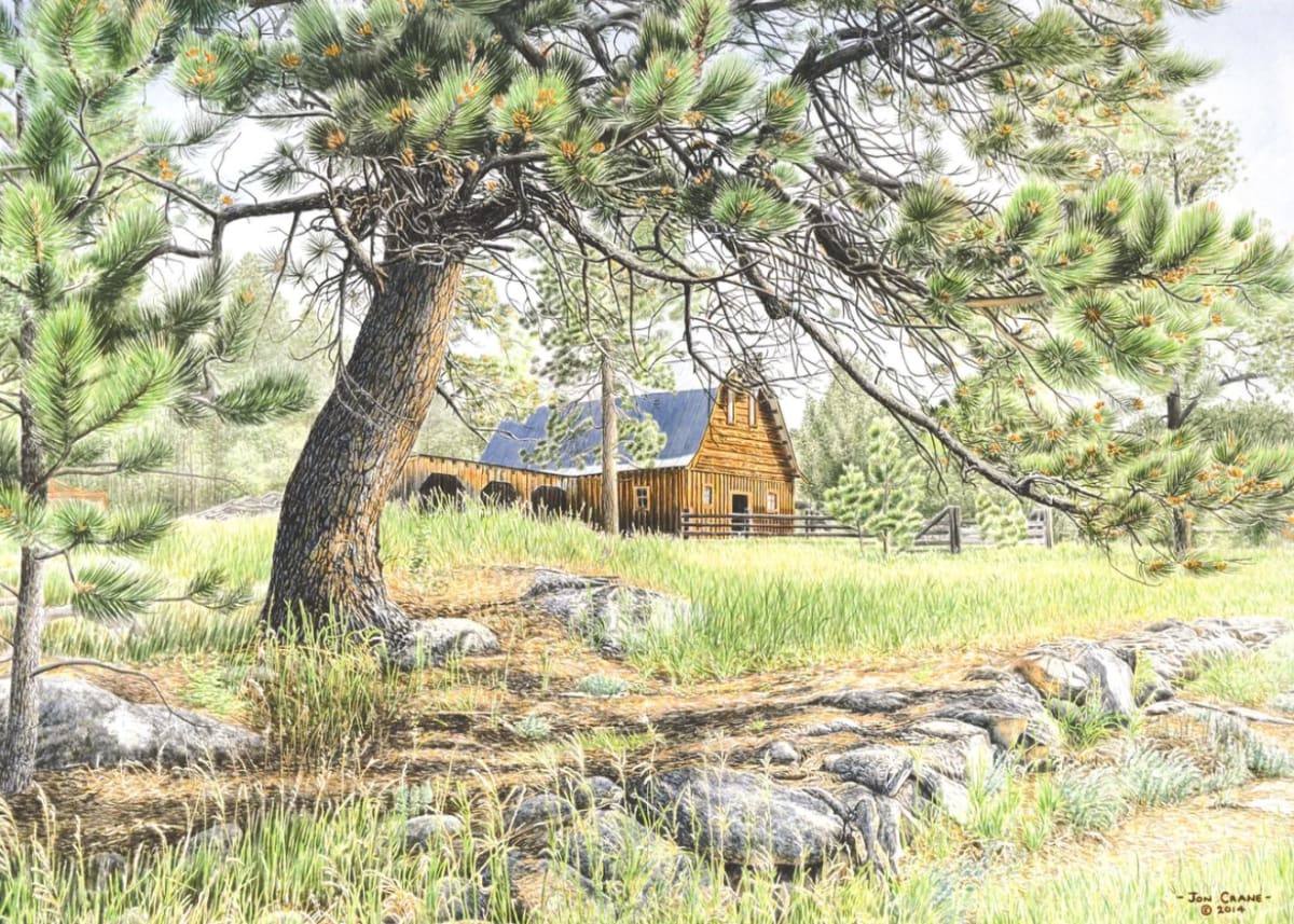 Contemplation by Jon Crane  Image: “This is the eighth painting that I have done of the Meeker Ranch near Custer. The ranch is the last remaining Black Hills ranch on public land. In 2007 I discovered that it was scheduled to be burned that winter by the Forest Service because they lacked the funds to take care of it. With the help of many people, we were able to save it and formed the Black Hills Historic Preservation Trust to preserve this and other buildings on public land.”