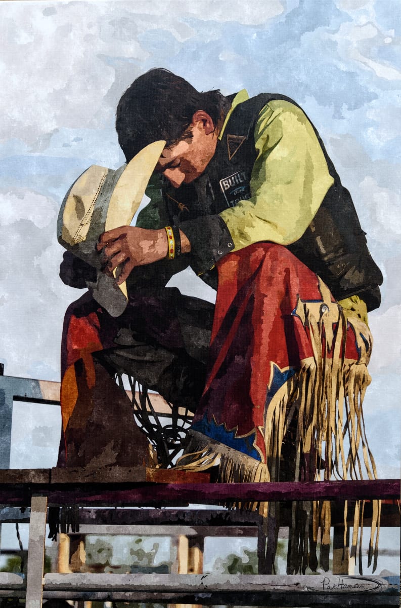 Cowboy's Prayer by Pat Hansen  Image: “My goal is to create doorways that invite the viewer to step into the photo and experience it. I hope the viewer can feel the cowboy’s tension as he prays for a safe ride on his draw for a bucking bull. Our Western roots run throughout our culture like a thread connecting animals and people. It is this thread that pulls the viewer into the photo with the cowboy, also hoping and praying for his safety.”