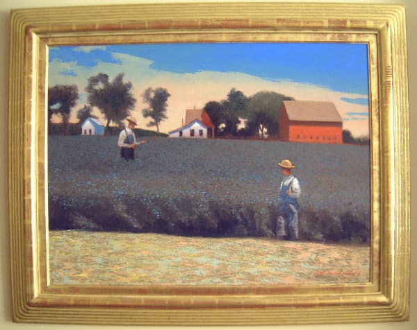 The Alfalfa Field by Gary Ernest Smith  Image: Large, horizontal painting of the two figures in the alfalfa field with barn, farmhouse, and out building in the background.  Tree line against a cloudy, blue sky.