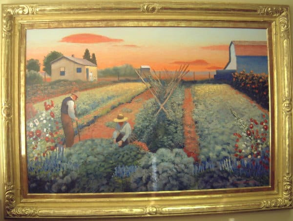 Productive Garden by Gary Ernest Smith  Image: Large detail landscape of the garden in the foreground with two figures, the barn, and farmhouse in the middle ground, with a red sky in the background.