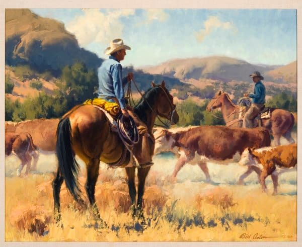 INTO THE FOOTHILLS by Bill Anton  Image: Horizontal landscape of the two cowboys on horseback herding the cattle.