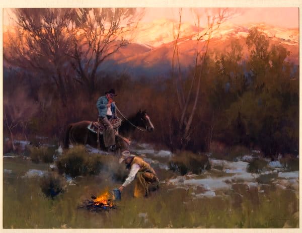 San Juan Thaw by Bill Anton  Image: Large, horizontal landscape of the morning campfire, the light on the mountains, the two cowboys start their campfire, one on horseback, with the melting snow in the camp.