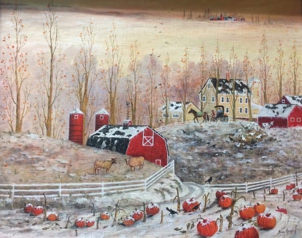 Pumpkin Farm in snow by Ann Hardy  Image: Landscape paintings of the rural life in fall and winter seasons. (SET OF 4)