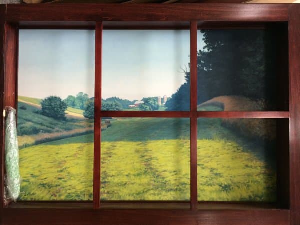 Summer Morning-Winding Fields by Steven Robert Kozar  Image: Landscape painting of the young sprouting field, a tree break at right shadowing the field as it recedes in the distance.  An artist's frame with panels imitating windowpanes.