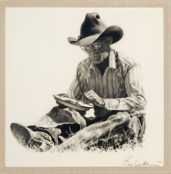 Noon Break by Bill Anton  Image: Pencil drawing of the rancher in leather chaps, cowboy hat, and boots, seated on the grass with a plate of food. 