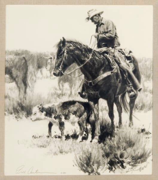 SLOWPOKE by Bill Anton  Image: Pencil drawing of the cowboy patiently wrangling a young calf.