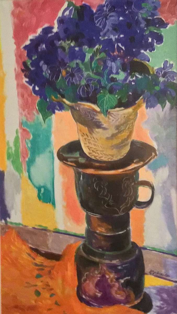 Blue Flowers and Tonkin Drum, Indonesia by Helen A Schreider 