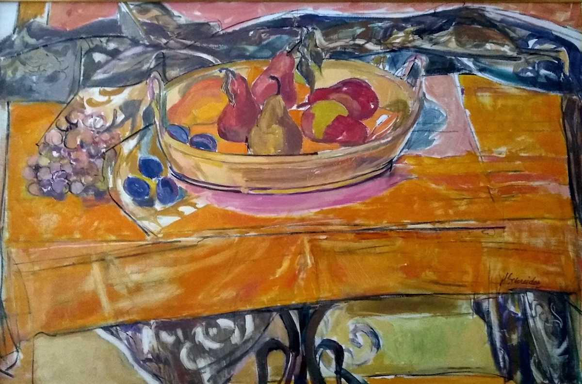 Red Pears on old batik by Helen A Schreider 